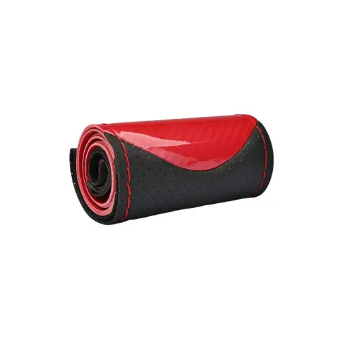 Husă volan din piele perforată M 38 cm, roșu/carbon, cu ac și ață (LUXFST02) Premium