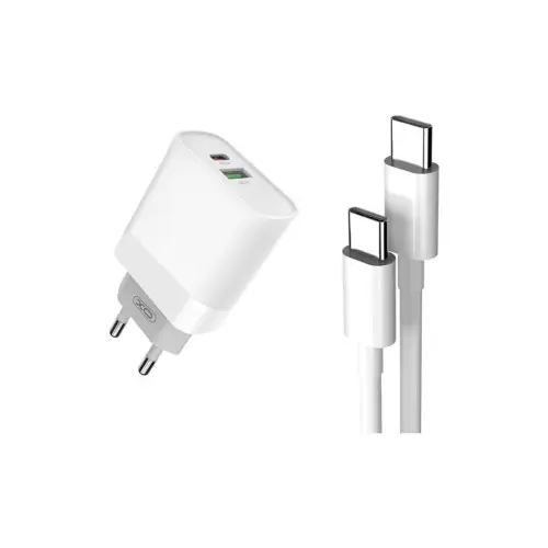 Încărcător de rețea 20W QC3.0 USB-A + USB-C cu cablu USB-C, alb Plată securizată
