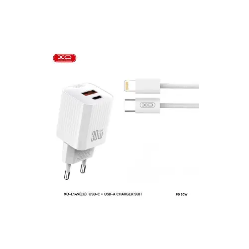 Promoție Încărcător rețea XO PD 30W cu 2 porturi USB și cablu Lightning pentru iPhone