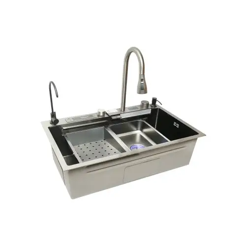 Cel mai vândut Chiuvetă bucătărie multifuncțională 75x46 inox, afișaj temperatură, cascada, 2 baterii, accesorii