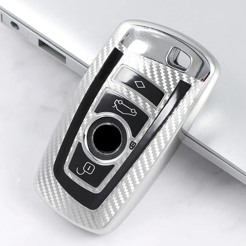 Husă cheie BMW Smartkey 3/4 butoane, silver carbon, TPU+PC (Seria F) Lichidare de stoc