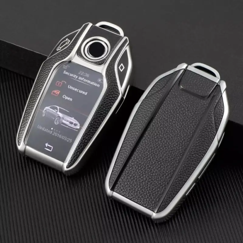 Husă cheie smart BMW cu display, TPU gri, aspect piele (Seria 7, X5, X6) Livrare expres
